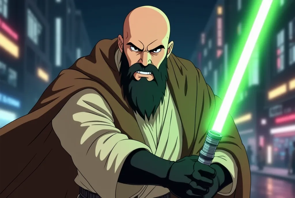 Anime style.
Man with a completely hairless head, 40 years,  long black beard. jedi. beige clothes. brown cover. angry expression.  Light sabre activated , with green blade ,  On the right hand .  Only the Right Hand covered by a black leather glove. Fight...