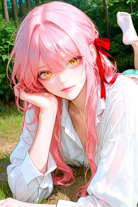 4k , 8k , High quality , HD , (only 1 female) , short pink hair color with yellow eyes , green house environment , novel , manhwa , good focus , hair details , very anime eyes detais , ร่างกายสมส่วน , anime eyes , good figured , see the Torso , ((lying pos...