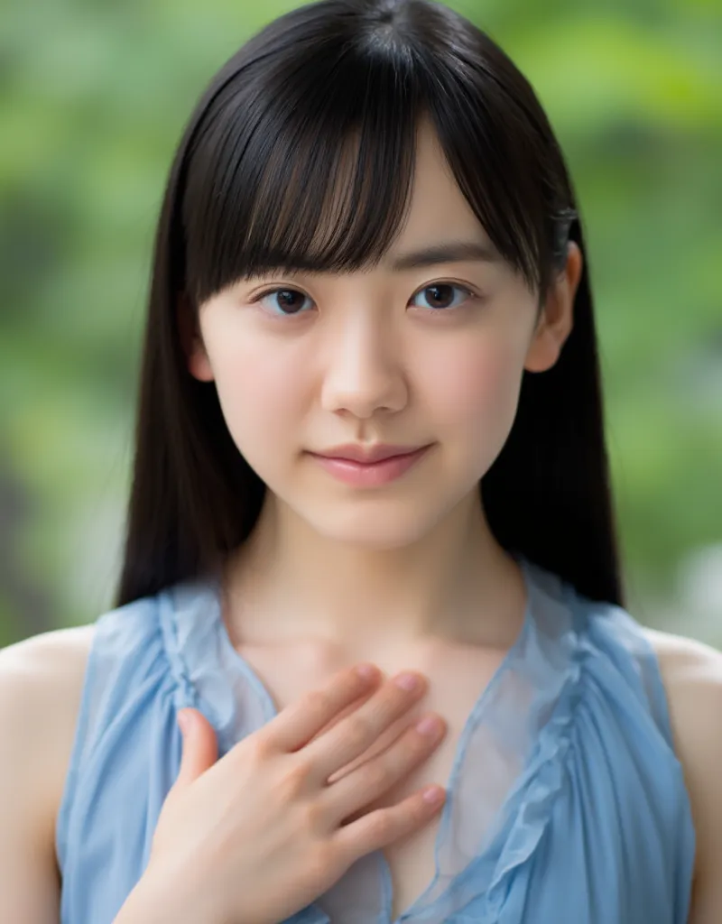 Facial close-up, This image shows a young woman with semi-long, dark straight hair and bangs that partially cover her forehead. She has fair skin and is wearing a blue top, which appears to be a halter-style neckline, The fabric appears to be slightly tran...