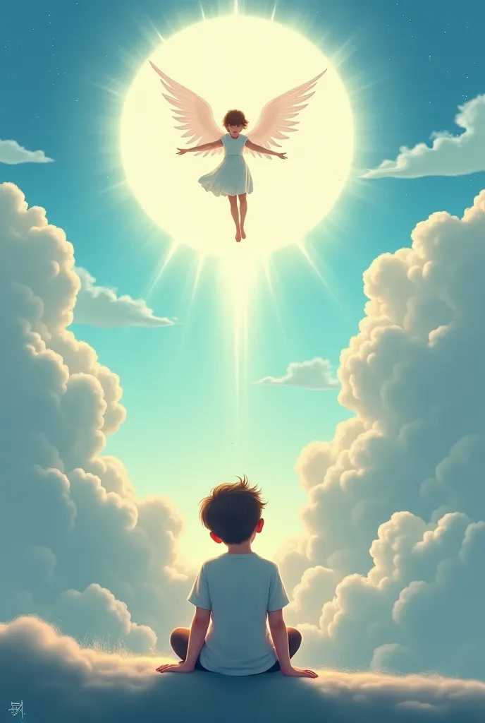 Boy sitting with closed eyes and dreaming, in his dream there is a girl in heaven inside clouds with wings looking at him. And wording "best dream ever" is written on the photo edge
