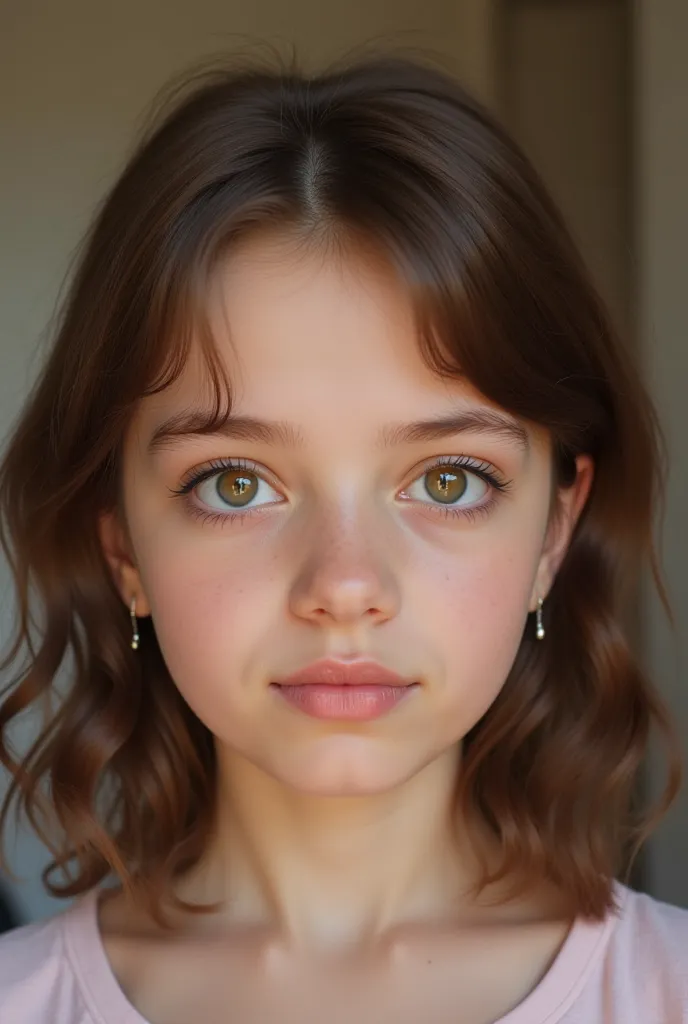 A girl with a rounded face, skin color intermediate between white and brown,  chin not prominent, Without dimples , slightly brown hair, no red pigment in the hair,  wavy hair, with widow's beak ,  thick eyebrows, eyebrows joined in the center, average dis...