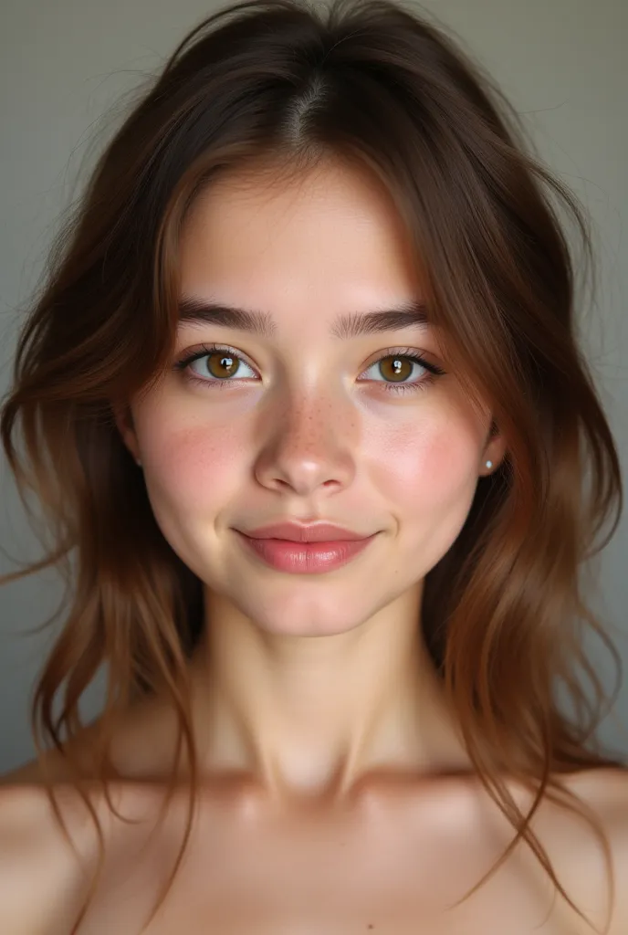 A girl with a rounded face, skin color intermediate between white and brown,  chin not prominent, Without dimples , slightly brown hair, no red pigment in the hair,  wavy hair, with widow's beak ,  thick eyebrows, eyebrows joined in the center, average dis...