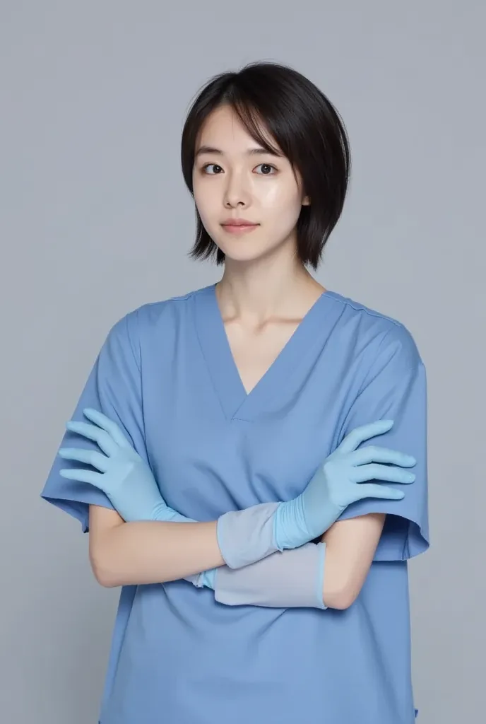  nurse clothes、I'm wearing blue medical surgical gloves、bob cut、blush、 small breasts、 Slim、Feminine slender fingers、Spread your fingers

