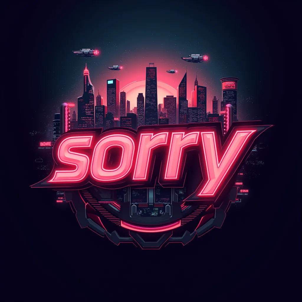 Logo with the letter ''SORRY'' in RED and graphite black, gamer theme neon city in background