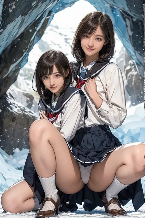 Yukiguni Snow Cave  ,   girls on the left,  very short bob hair, ish smile ,  happy,  Japanese school girl uniform,  pleated skirts that blow out,  droopy eyes :1.5, wonderful,   masterpiece, At night,   squat,   look straight ahead ,   panties:1.5, open l...