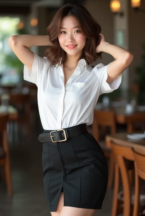 This high-quality photograph, A full body of a beautiful Thai woman 20 years old with short, wavy brown hair and light skin, looking at viewer, smile expression. She is dressed in short sleeve white collared shirt , hi-gross black university belt, short pe...