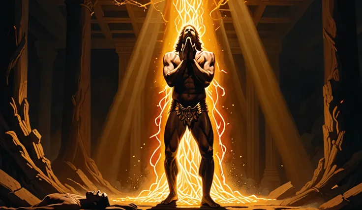 A divine figure bathed in radiant golden light looms over a trembling Cain, who covers his face in shame. The surroundings are dark, symbolizing Cain’s descent into exile.