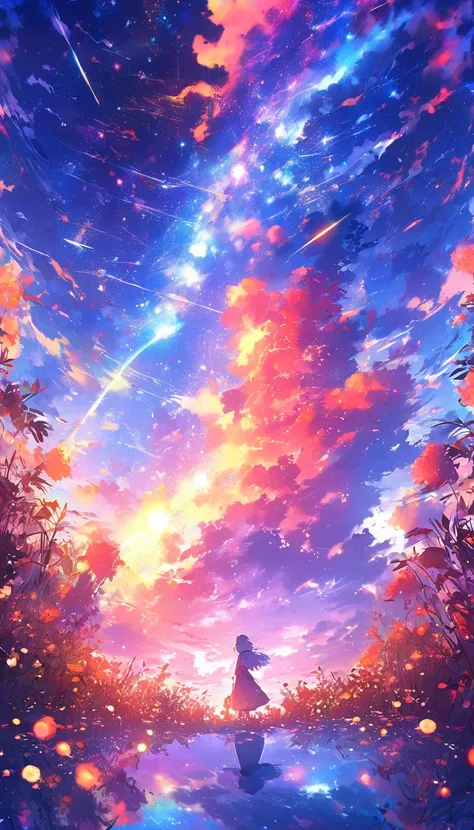 masterpiece, Concept Art, Panorama, in the center, shape, Wide Shot, garden, night, (meteor), Space galaxy background, (Great composition, Epic scale), Dynamic Lighting, Bright colors, Blue rose,landscape longeyelashes, solid circle eyes, silver hair, half...