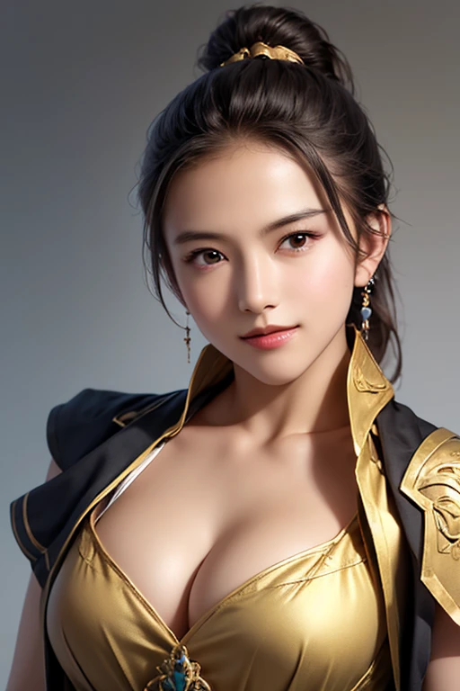 The upper body of a female warrior wearing golden armor and cloak, 1 person,  cute ponytail  ,20 years old, (((Real Face))), slightly larger breasts and cleavage,  reveal cleavage,Scary face,  very fine face and skin texture , staring at the camera,   Chin...