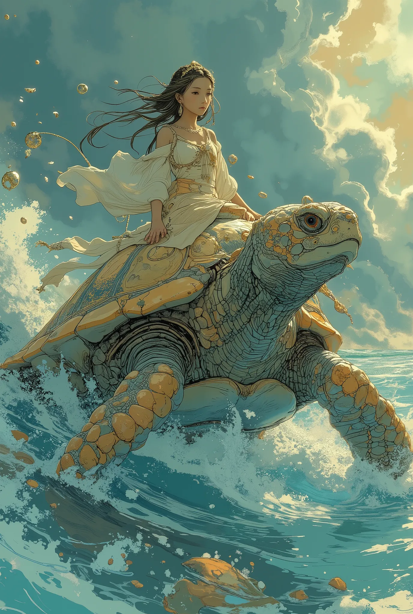 a woman, riding a giant turtle, on the ocean, beautiful, detailed, intricate, elegant, highly enhanced, dramatic light, sharp focus, illuminated background, divine, scenic, professional, artistic, attractive, pretty, cute, perfect, innocent, balanced color...