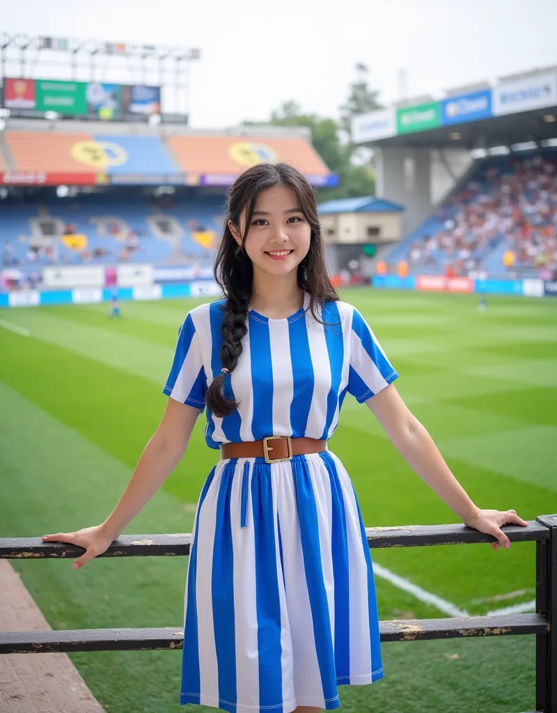 A photograph of a young woman with light skin, dark shoulder length hair pulled back in in a classic braid , and wearing a blue and white striped, knee-length dress with a brown belt, standing in a stadium. She smiles and holds onto the railing in front of...