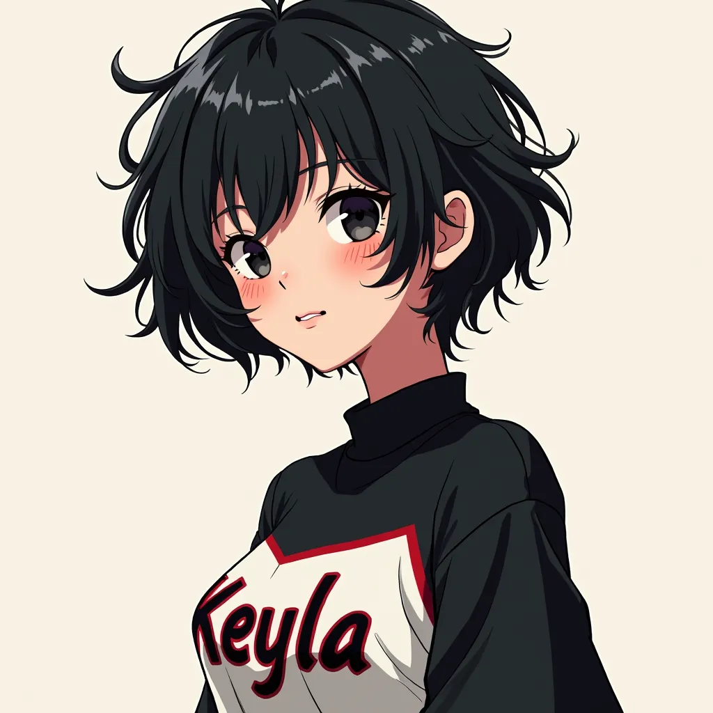  anime girl , 25 years, black eyes, short and frizzy black hair, with black and white clothes with the name Keyla on the shirt