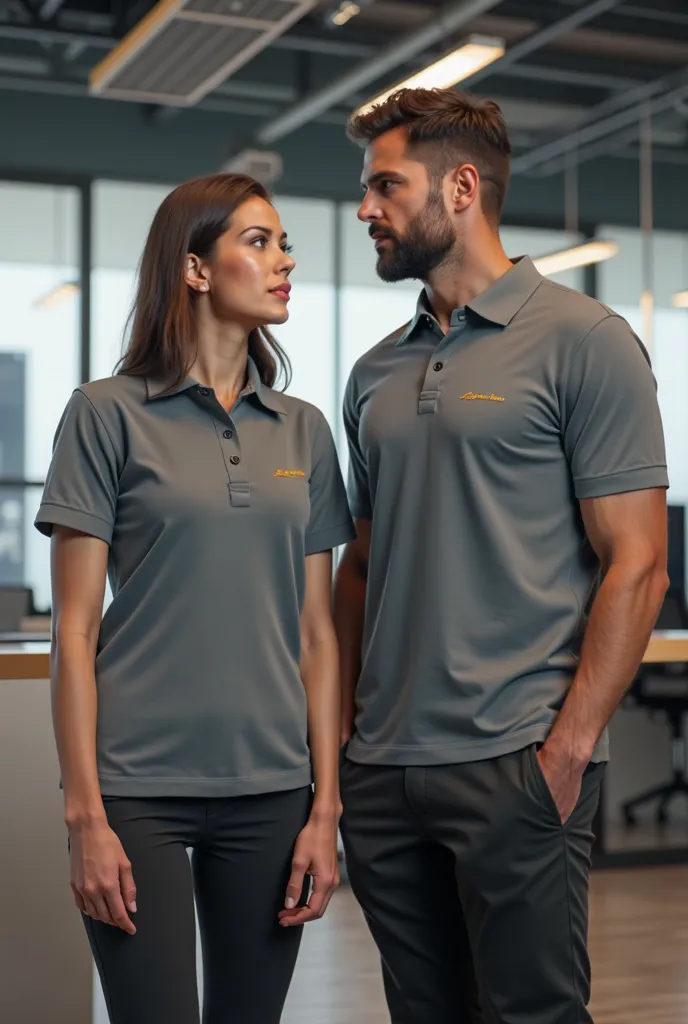 Men's and women's office suit wearing a corporate uniform polo shirt with company name on the shirt "London costumes"  in the office 