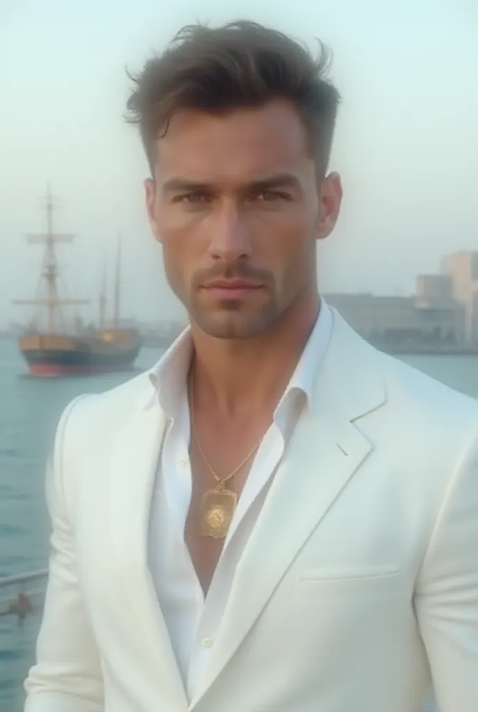 I want you to produce a 25-year-old white man,  strong and muscular , who is wearing formal clothes like a white blazer and a white blouse inside, I want him to look like an attractive, intellectual actor and he's wearing a gold necklace, stylish, In the b...