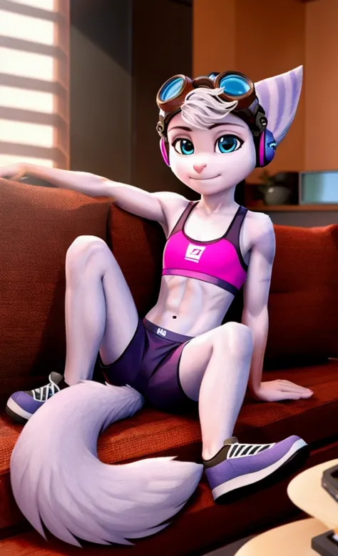 Rivet, tail, furry girl, 1girl, solo, young, pink sport shorts, pink sport bra, black soccer shoes, inside livingroom, sitting on a couch, listening to music wearing headphones, detailed body fur, detailed body, detailed eyes, detailed face, athletic, skin...