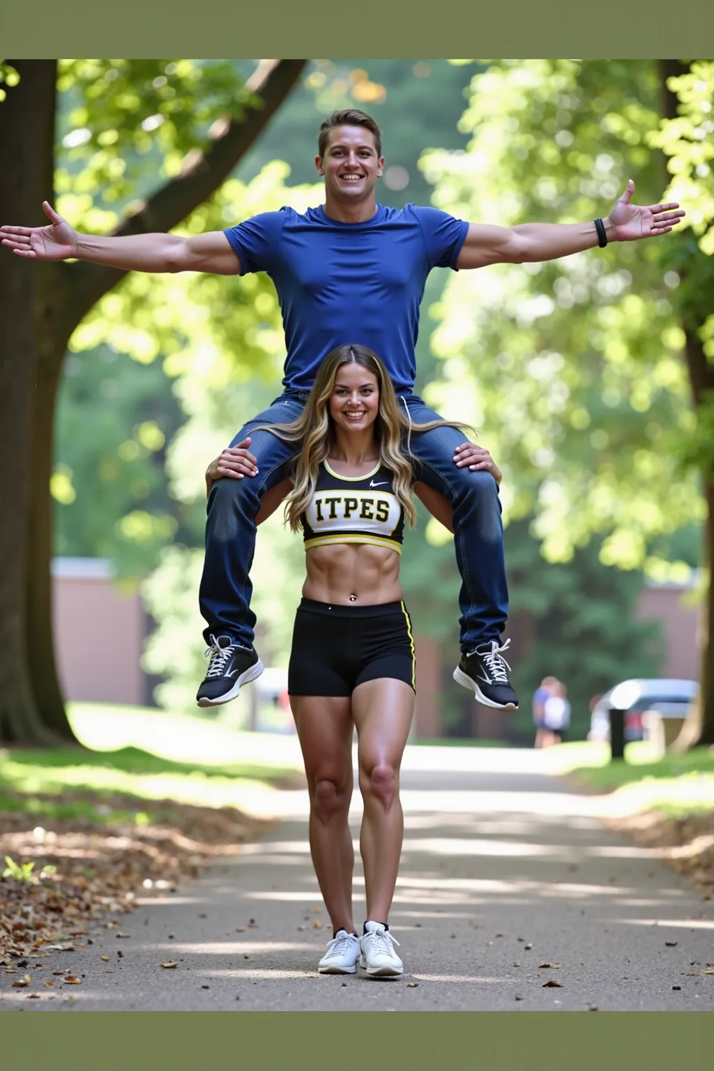 An athletic, slim, and strong girl effortlessly carrying a larger man squats as camera zooms in.