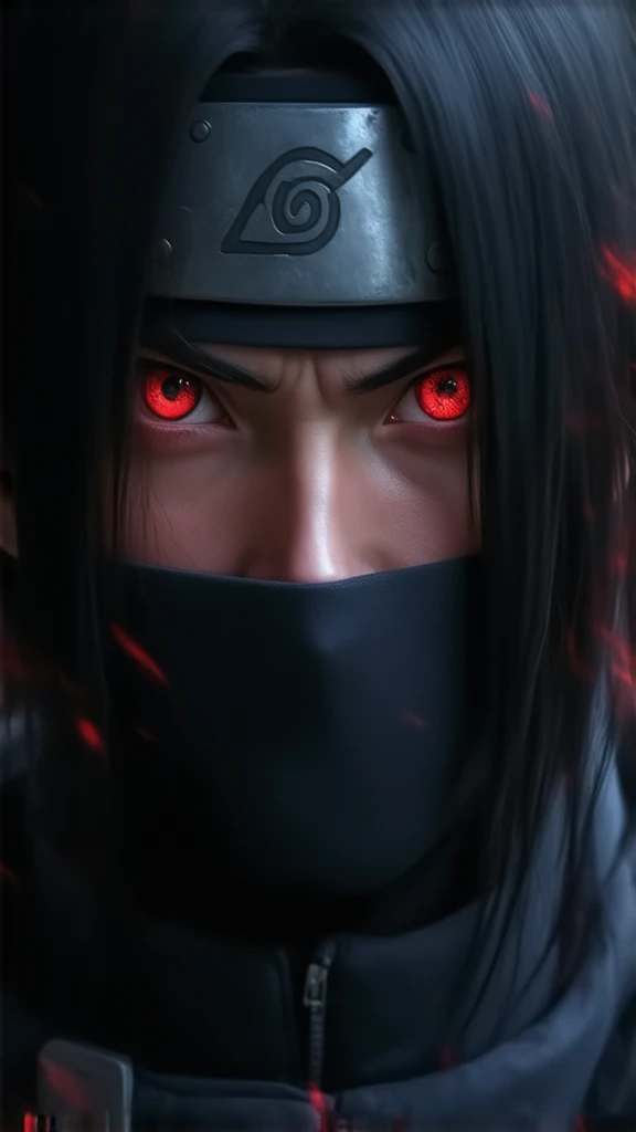 "An ultra HD 8K close-up portrait of Sasuke Uchiha, capturing the intense focus and cold determination in his face. His Sharingan is rendered in extreme detail, showcasing the iconic three tomoe pattern with deep crimson hues and a mesmerizing glow. The in...