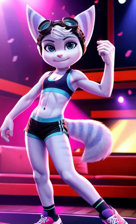 Rivet, tail, furry girl, 1girl, solo, young, pink sport shorts, pink sport bra, black soccer shoes, inside livingroom, dancing, listening to music wearing headphones, detailed body fur, detailed body, detailed eyes, detailed face, athletic, skinny, high qu...