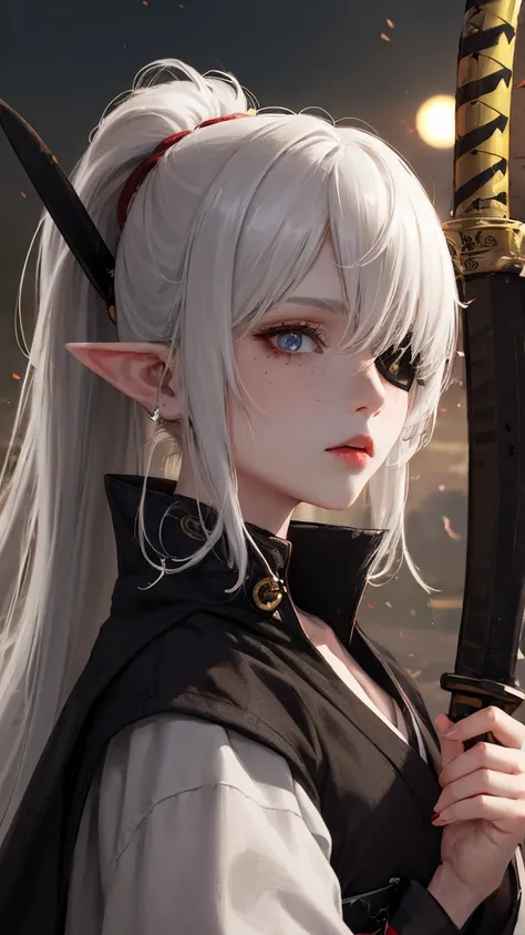 1girl, long hair, gray hair, ponytail, eye patch, kunoichi, samurai, beautiful, pointy ears, holding a katana, amber eyes, tired face, sun, D&D, warlock, freckles, dark red lips, scar on eye, black tint on eye, white katana, nodachi, pale skin, gothic, wit...