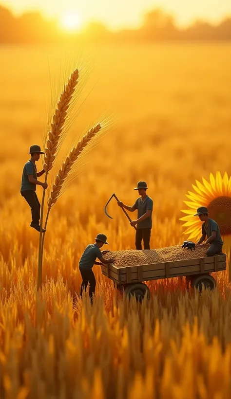 "A sprawling golden wheat field where tiny farmers are harvesting grains that tower over them. One person climbs a stalk to cut down a bundle of wheat, while another loads grains into a tiny wooden cart pulled by a beetle. Two farmers work together using a...