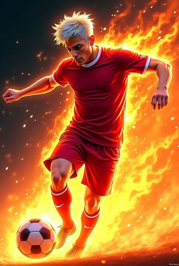 Um humano masculino com cabelo  White  espetado e óculos de esqui vermelhos, wearing a red ringer t-shirt c/  White , red shorts. He's kicking the soccer ball hard, his pose is dynamic and full of movement, with sparks and fire coming out of the impact. He...