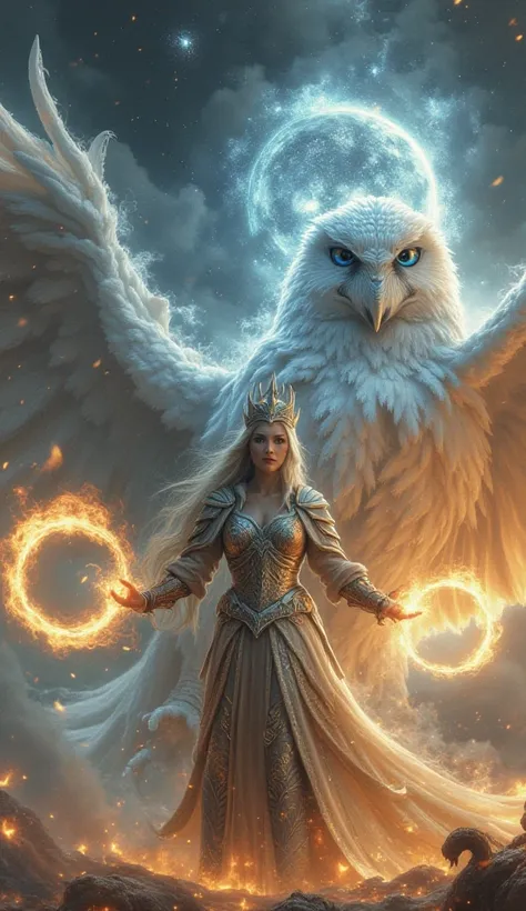 A powerful female warrior in shimmering, white-orange metallic armor with intricate details and crown, long flowing silver-blonde hair, standing confidently in the center and launching  white  ring flames  from her both hand. She is flanked by two enormous...