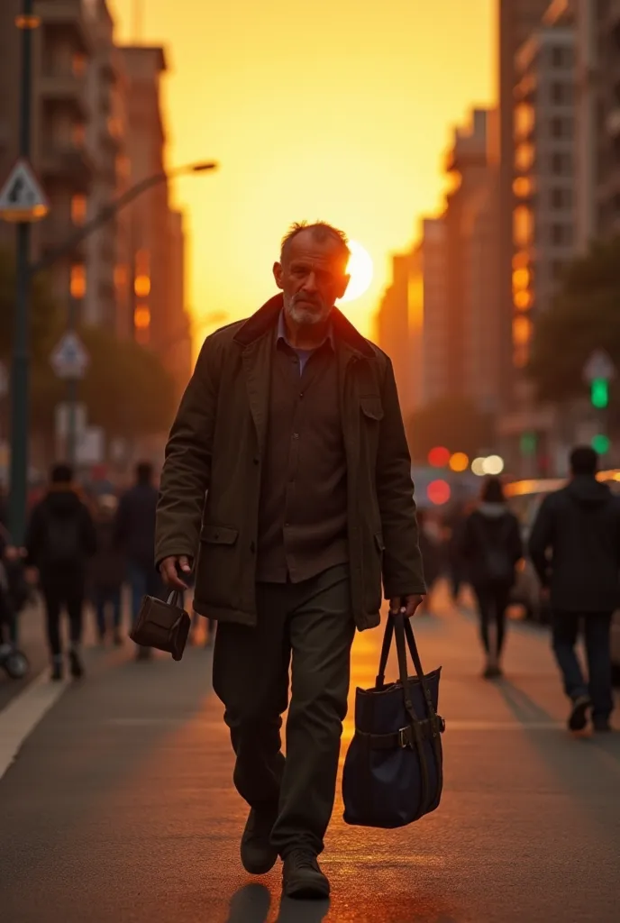 The SearchDescription: The poor man is walking through various parts of the city, asking people if they’ve lost a wallet. The sun is setting, casting a golden hue over the city, highlighting his tireless effort. He looks weary but determined.Key Details: S...