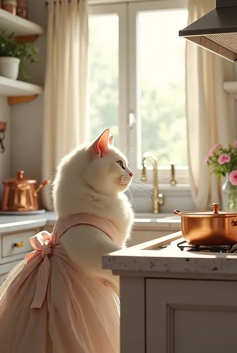 A cat is cooking. The cat is wearing a beautiful dress. She is cooking in a kitchen. A beautiful kitchen. A white, beautiful, fat cat. She is smiling and cooking.