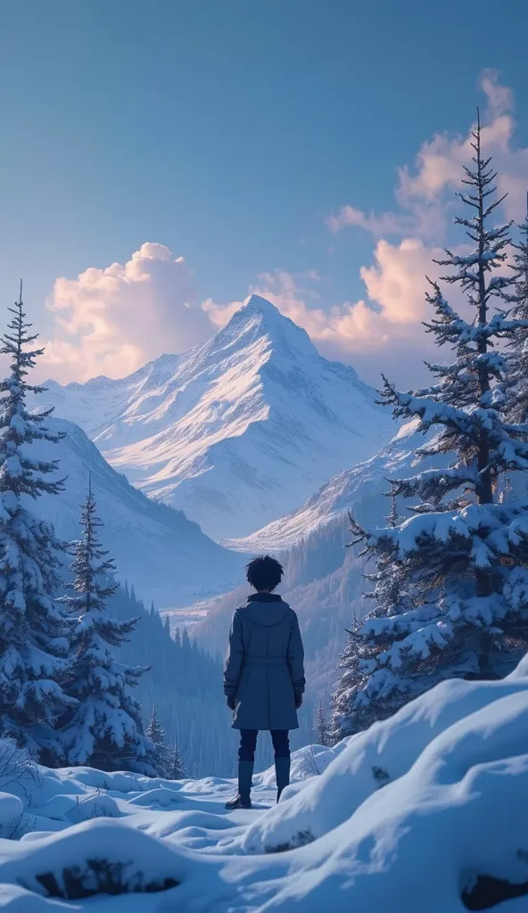 Imagine A Anime Boy Standing In The Sad Vibe, Cinematic , Sad Eye Catching Background, Image From Back , Masterpiece, 4k , Highly Detailed, Image From Back, Top Of Snow Mountain 