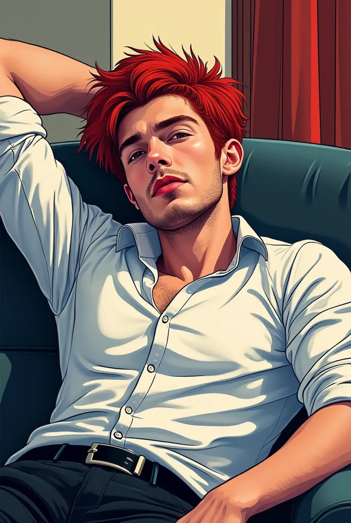 Hot handsome vampire with short Red hair and beard relaxing on sofa wearing white shirt his head behind his head colored line art clean 