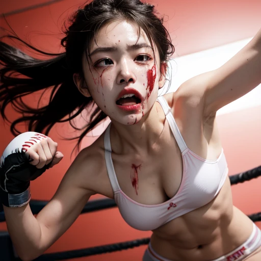 (((She wipes the blood from her mouth with one hand))), (((she is too exhausted, groggy))). (((out of breath))), (((Her mouth is wide open))). (((bloody))) cute Japanese (((girl fighter))) is fighting in the octagon fighting ring of underground arena. Afte...