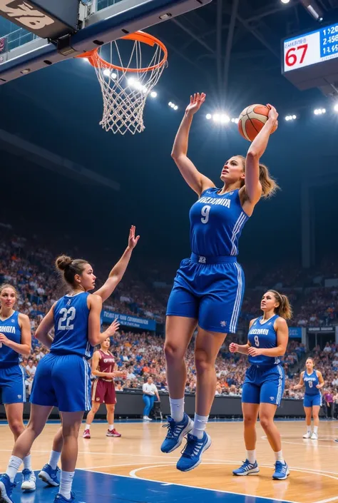 A high-energy moment during a March Madness women's basketball tournament. The spotlight sharply focuses on a dynamic female player wearing a vibrant blue '9' jersey, her athletic figure mid-air as she performs an impressive layup, the orange ball a blur a...