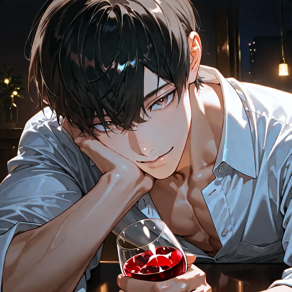 4k , 8k , (only 1male no hair bangs black hair brown eyes) , bedroom environment , with unbuttoned shirt , ((half body focus)) , he is drinking wine , ((medium shot)) , night light , dark background , good figured muscle , cool tone , laughed a lot , craft...