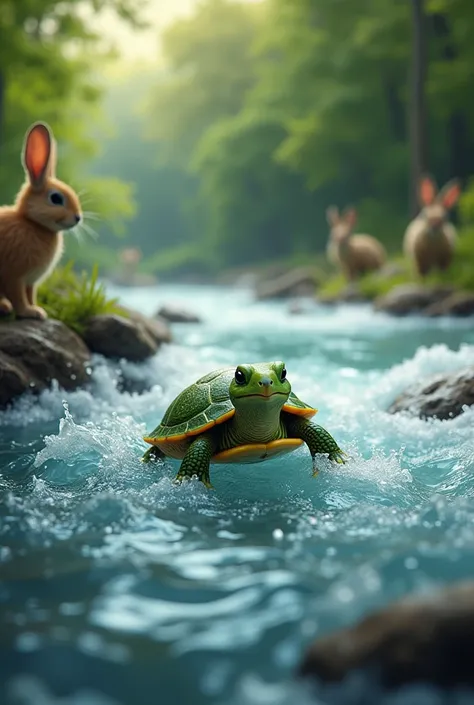  A tiny green turtle swims bravely through a rushing river, his little head poking out of the water. On the shore, animals like rabbits, birds, and frogs cheer him on. The river sparkles under the sunlight, and the forest is lush and green in the backgroun...