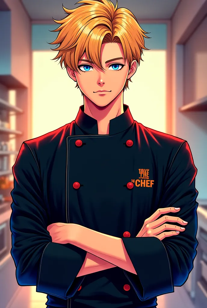 Make a manga cover with a withe blond chef boy who is 19 years old in a black chef jacket and the manga title is: The Chef