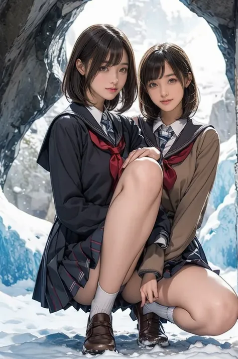 Yukiguni Snow Cave  ,   girls on the left,  very short bob hair, ish smile ,  happy,  Japanese school girl uniform,  pleated skirts that blow out,  droopy eyes :1.5, wonderful,   masterpiece, At night,   squat,   look straight ahead ,   panties:1.5, open l...