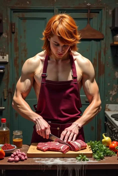 work of art, Realistic,  realism, best quality male  ,belissimo adolescente masculino com cabelo longo ruivo longo sem camisa usando avental vinho cortando carne em uma mesa com temperos e vegetais e molho em cima de uma mesa em um restaurante velho com te...