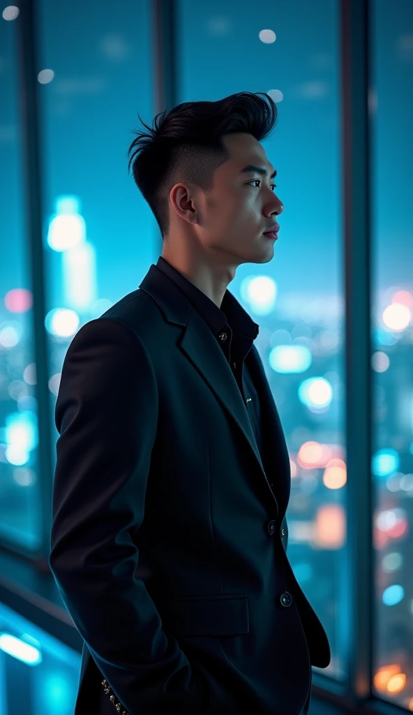 young handsome Asia man full of enthusiasm, movie stylish, Standing with a ponder expression inside the bright light building, night city view, beautiful view