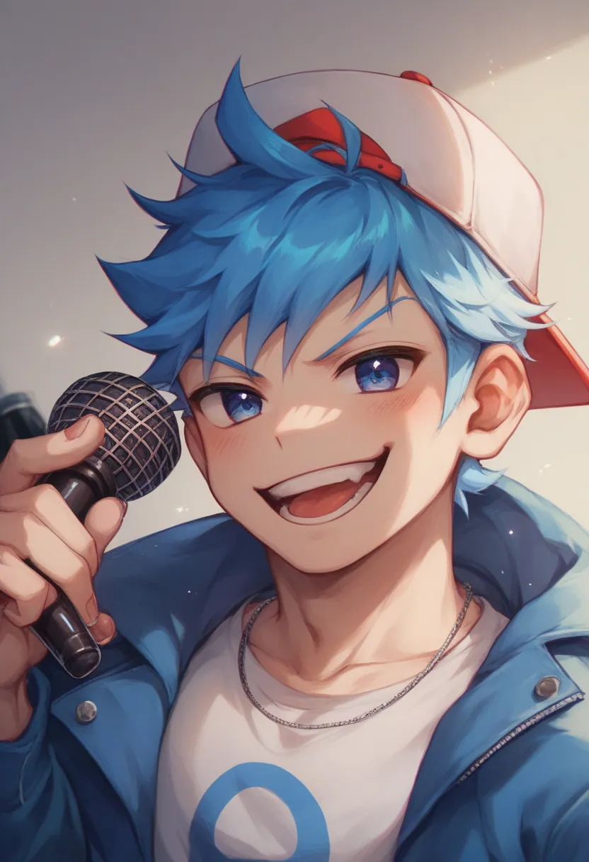 Boyfriend from Friday night Funkin, short blue hair, wearing cap backwards, rapping while holding a mic. Male