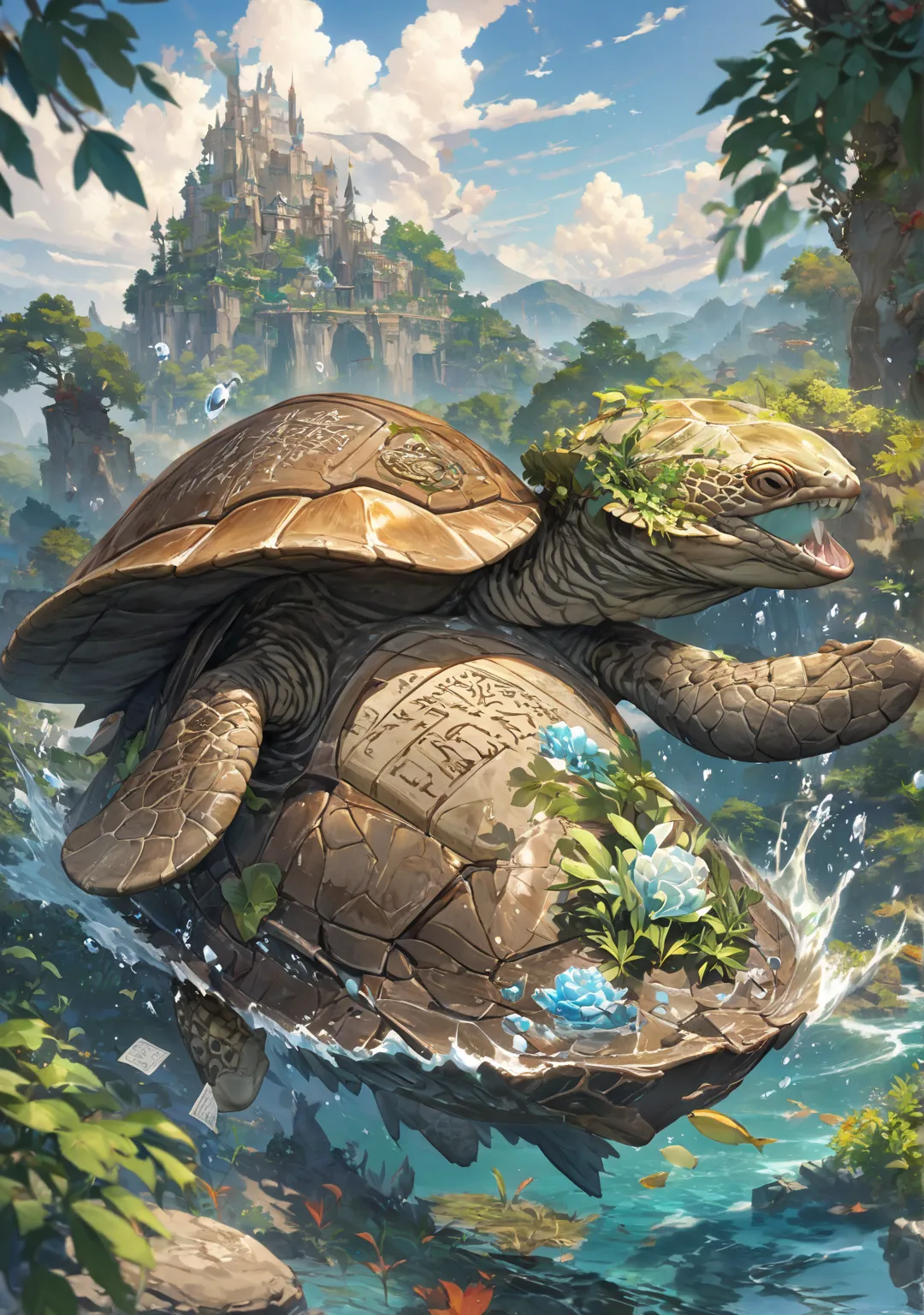  anime fantasy art , beautiful fantasy anime, 8K high quality detailed art, Oracle bone script, nature and water , Big Turtle Creature, A turtle with a shell with letters written on it,