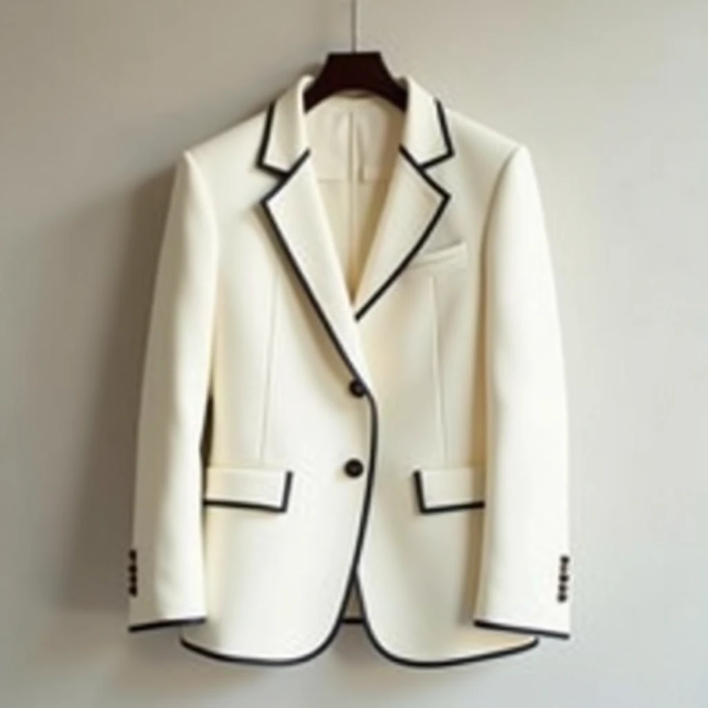 blazer/men suit hanging on the hanger, have buttons, in ivory color, with thin black piping work on the edges details, to use in logo