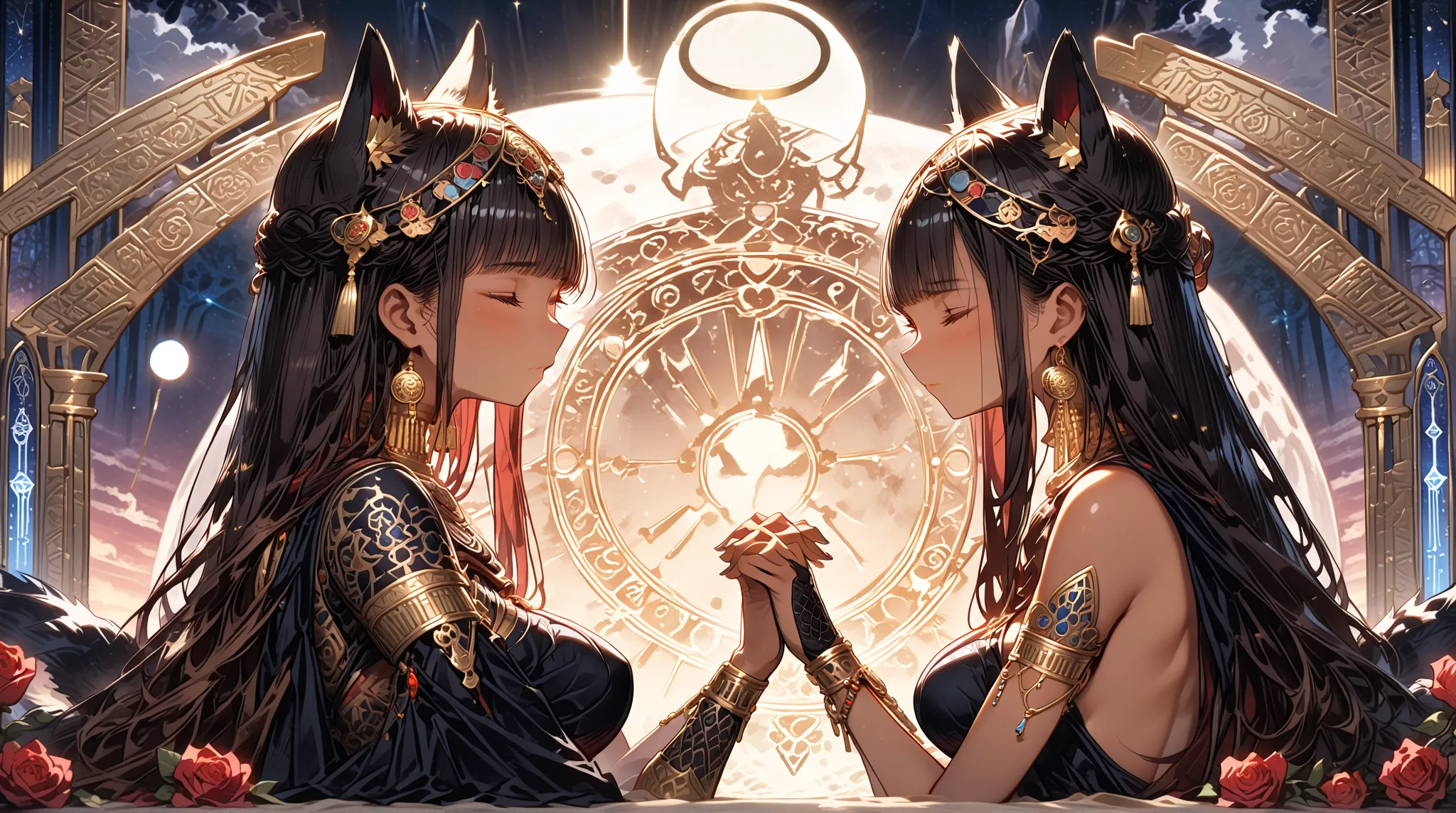 ((masterpiece, HD ,8k)),(( very detailed , perfect picture with roses)),( perfect anatomy), ((traditional tarot background)),the moon,( dark-haired bob cut ),blunt bangs,（(Two adult women facing each other)）,((Female Anubis deity)), goddess,emphasizes brea...