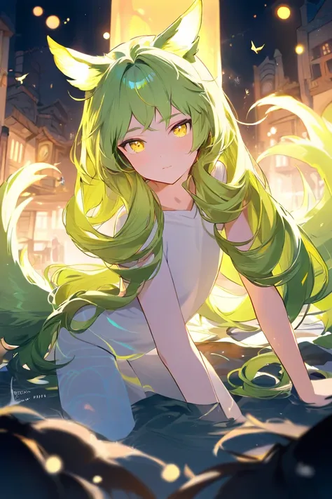  yellow-green hair、Dog Ears、 dog tail、yellow eyes all the way to the tip、short hair full of pee、cute、 boys、 Shota、 、 man's daughter、 chinchin、 penis、 completely naked、 nudes、night、Ancient City