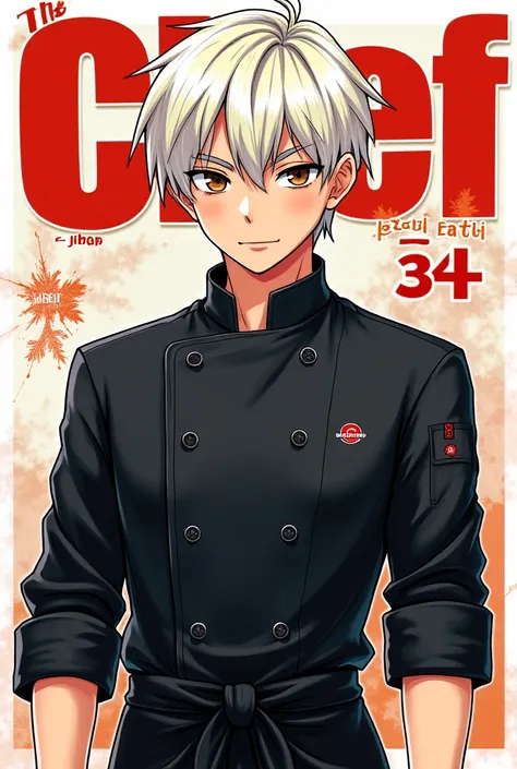 Make a manga cover with a withe blond hair and dark brown eyes chef boy in a black chef jacket and the manga title is: The Chef / written and drawn by: Zakuro