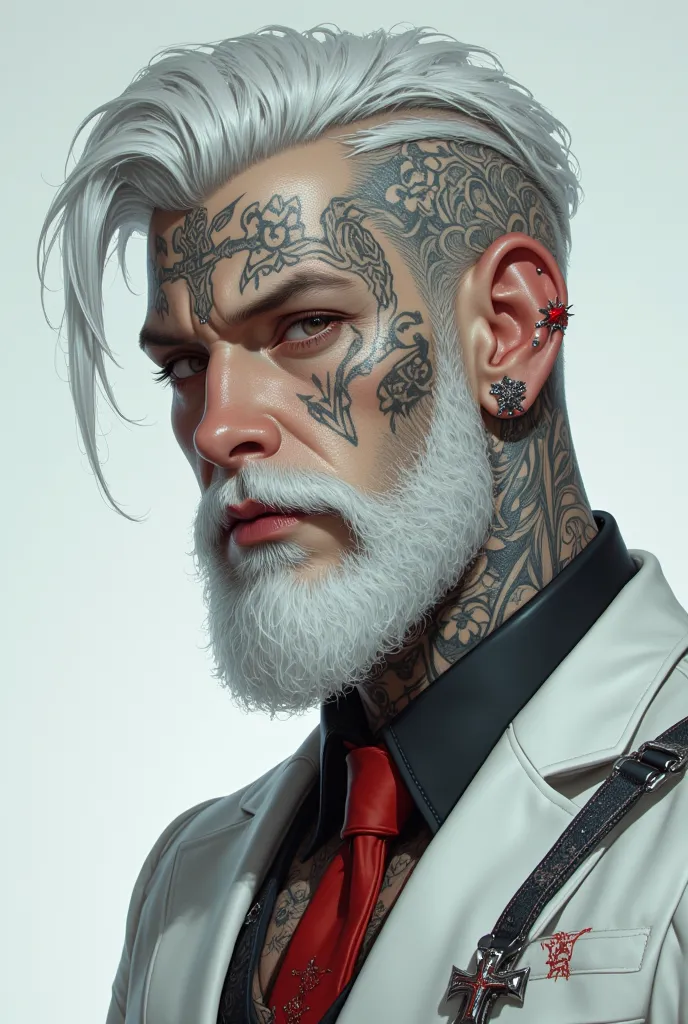 Dark indoor studio, ultra realistic 3D painting, in the upper right corner position, white background, close up of a pale white albino punk man's face, loaded with tattoos, evil face, wearing a white suit with a red tie, low fade white hair, well-groomed f...