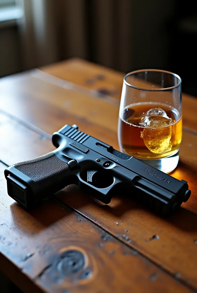 Create a hyper-realistic image of a **Glock 19 Gen 5 pistol** resting diagonally on a **slightly weathered wooden table** (medium-brown, with faint scratches and natural grain texture). Beside it, place a **sturdy tumbler glass** filled halfway with **gold...