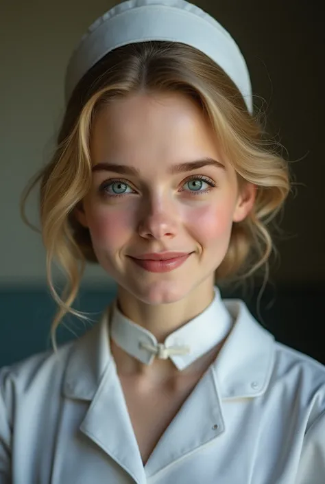 The pretty smiling face of my 18yo English daughter who looks similar to Emma Watson, blue eyes, blonde hair tied up in a bun, The year is 1940 and she is a nurse