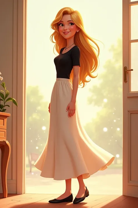 Give me an image on Disney Pixar of a 40-year-old blond-haired woman wearing a long white skirt and a black buso, black standing shoes. 