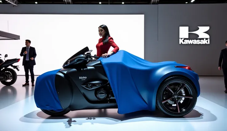 A sleek, modern ( 2025 Kawasaki W 175 bike) taking center stage in a showroom, partially covered with a black and blue 💙 cloth bike show displaying a prominent ( 2025 Kawasaki W 175 bike) logo, being unveiled by people. The vehicle is a vibrant (black and ...