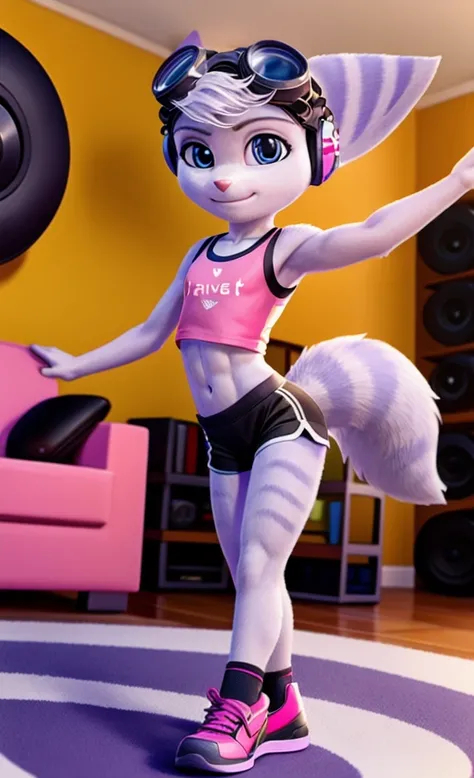 Rivet, tail, furry girl, 1girl, solo, young, pink sport shorts, pink sport shirt, black soccer shoes, inside livingroom, dancing, listening to music wearing headphones, detailed body fur, detailed body, detailed eyes, detailed face, athletic, skinny, high ...